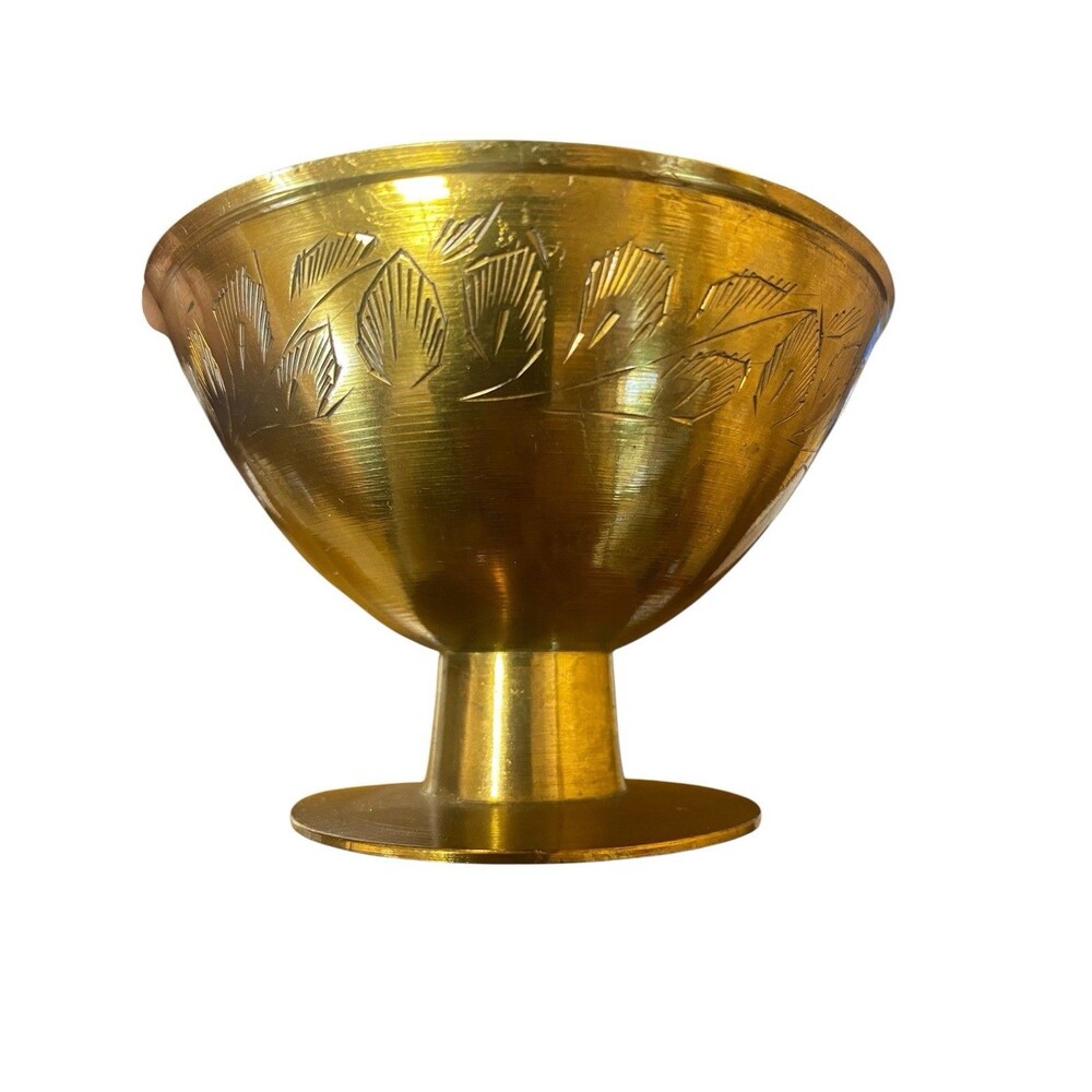 Vintage Small Hand Etched Brass Pedestal Bowl Trinket Ring Holder Etc